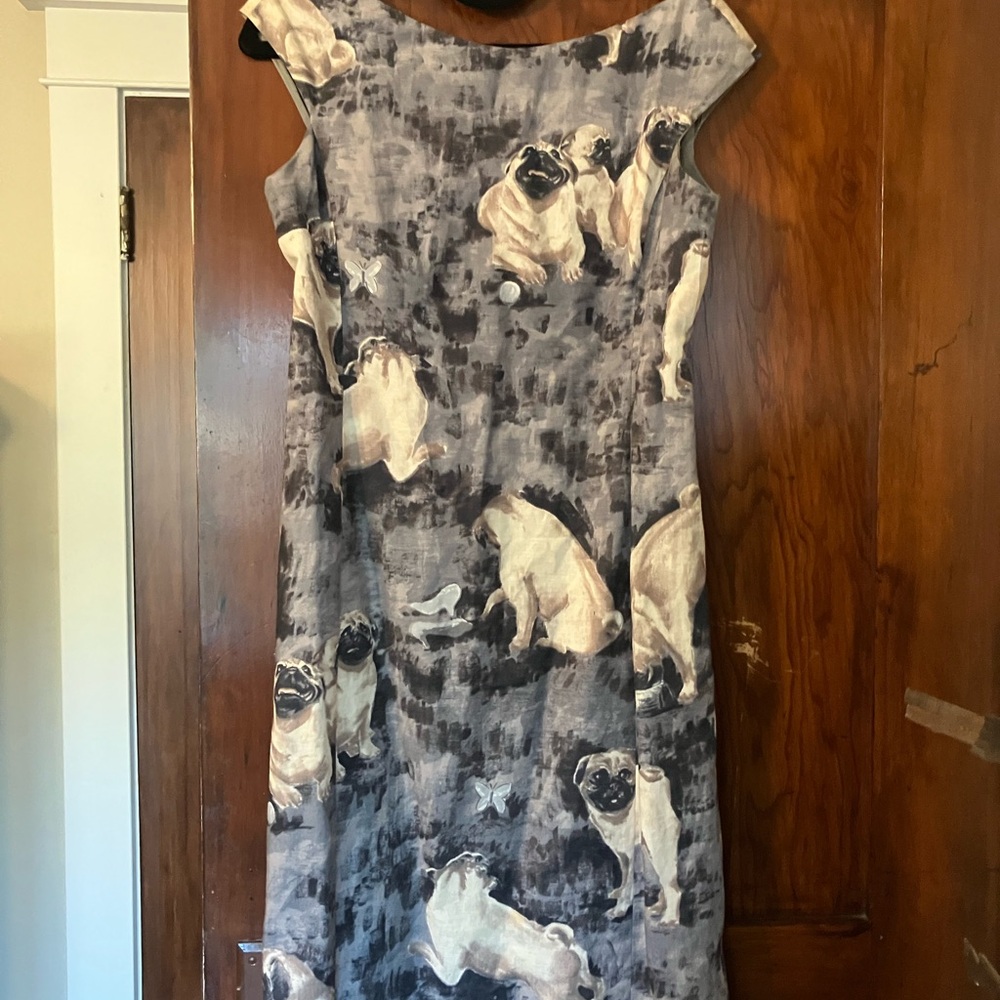 Iconic Moschino Charcoal/blue/taupe/black Pug Pattern Midi Dress